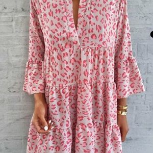 VChics Pink Leopard Printed Bell Sleeve A-line Dress - 2XL